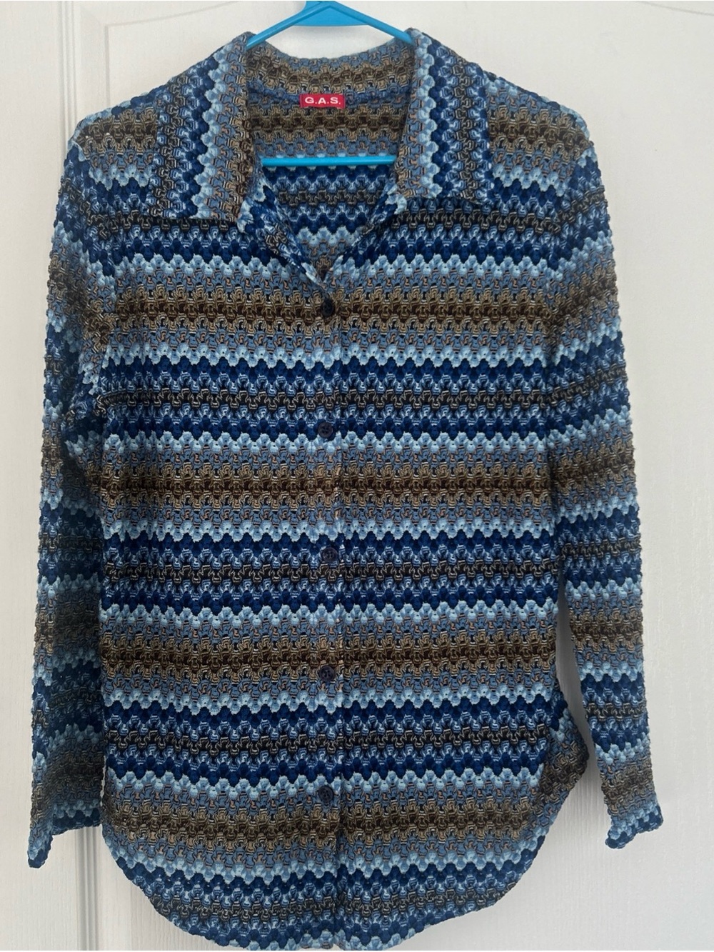 Gas G A S vintage Y2K Navy, Light Blue & Brown Chevron Knit Button-Down Shirt